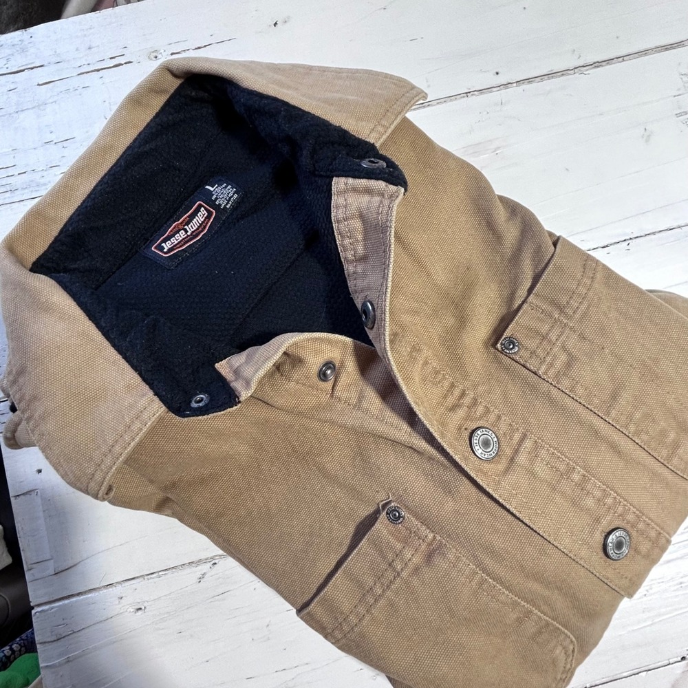 Jesse James Workwear Canvas Shirt Jacket Tan Fleece Lined Mens Large Distressed‎